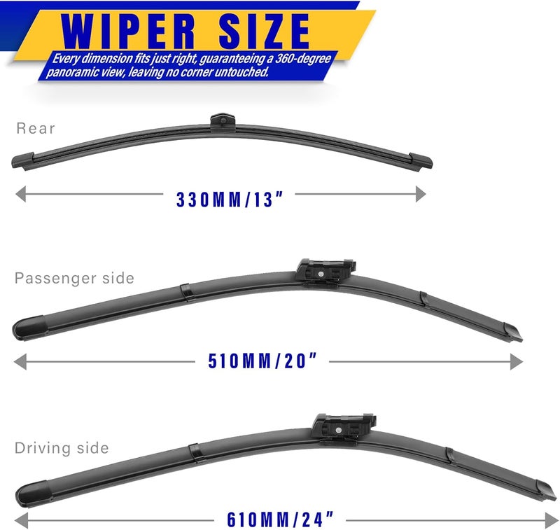 Rooppa 3 wipers Replacement for 2009-2017 Audi Q5/2014-2017 Audi SQ5/2019 2021 Q3, Windshield Wiper Blades Original Equipment Replacement - 24"/20"/13" (Set of 3) Top Lock - Image 2